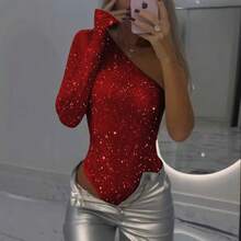 2025 Spring Summer Wish Hot Girl Sexy One-Shoulder Tight Rhinestone Sequin Top - màu đen - Xem 5