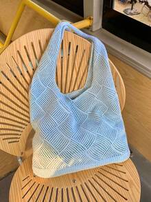 Leisure Large Capacity Woven Bag Hollow Design Knitted Shoulder Bag Holiday Beach Shopper Tote For Women Travel Women Crochet Tote Bag Hollow Beach Bag Large Capacity Fashion Knitted Bag Solid Color Simple Shopping Bag For Travel Vacation