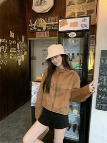 Minimalist American Style Deer Velvet Stand Collar Casual Jacket