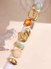 7 件套复古奢华百搭优雅个性化独特几何玉石镶嵌戒指套装，女士厚金金属时尚戒指适合日常和派对装饰，礼品首饰套装 - 彩色 - 查看 3