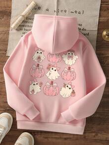 Tween Girls Pullover Hoodie, Cute Pink Ghost Pumpkin Halloween Back Graphic Print, Fall Winter Casual Daily Tops - Pink - View 3