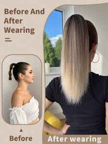 16英寸渐变棕色爪夹式马尾假发，耐热合成直发接发，适合日常使用 - 漸層棕色 - 查看 4