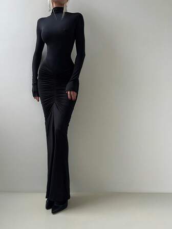 Solid Color Elegant Ruched Mock Neck Long Sleeve Bodycon Dress