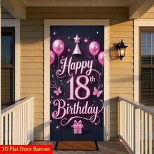 1pc 18th Birthday Door Banner, Pink Glitter Handwritten Font With Balloons, Hat, Butterfly And Stars, No Power Needed, Suitable For Entryway Party And Home Celebration, Polyester Birthday Party Decor