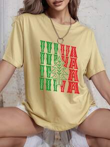 Playeras casual con estampa de árbol de Navidad y letras VIVA, playera viva mexico, para Navidad, Playeras graciosas mujer,Camiseta impresa camiseta de manga corta cuello redondo casual ropa de mujer grande,playera oversize estampada,Regalo Perfecto - Albaricoque - Ver 1