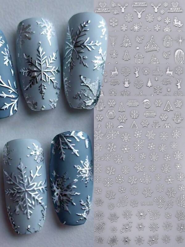 5PCS Christmas Theme Nail Stickers Silver Christmas Tree Santa Claus Deer Snowman Antlers Decals Nail Art Designs Winter Snowflake Sliders DIY Self-Adhesive Manicure Decoration For DIY Home Designs