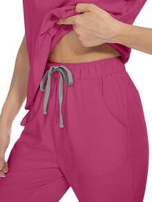 Wholesale Fashion Scrub Suits Dental Hospital Uniform Set Solid Color Surgical Gown Pocket V-Neck Scrubs Sets For Women Joggers Pants Suit - Hot Pink - View 9