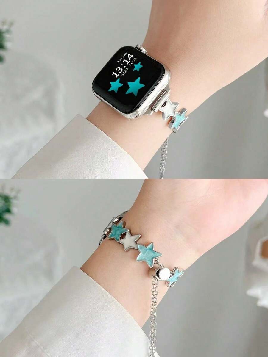 1 pieza Brazalete ajustable de doble color con diseño de estrella compatible con Apple Watch de 38mm, 40mm, 41mm, 42mm, 44mm, 45mm, 49mm (S10 42)Mm (S10 46)Mm, pulsera de lujo simple para mujer adecuada para Apple Watch Series Ultra 2 S10 SE 9 8 7 SE 6 5 4 3 2 1, regalo - Plateado - Ver 1