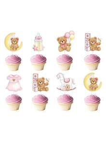 24pcs Baby Shower Party Bear Cupcake Toppers, Baby Shower Party Supplies, Birthday Decorations, Cute Bear Themed Baby Shower Party Decorations, Jungle Animal Theme Baby Shower Birthday Party Cake Decorations, Pink Baby Shower Home Decor Gifts - Pink - View 5