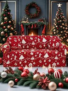 1pc Christmas Print Sofa Cover (Including 1pc Cushion Cover), Red Christmas Pattern, Dirt-Resistant & Pet-Scratch-Proof, Machine Washable, Home Decor Suitable For Living Room & Office - Red - View 1