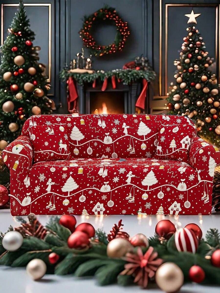 1pc Christmas Print Sofa Cover (Including 1pc Cushion Cover), Red Christmas Pattern, Dirt-Resistant & Pet-Scratch-Proof, Machine Washable, Home Decor Suitable For Living Room & Office - Red - View 1