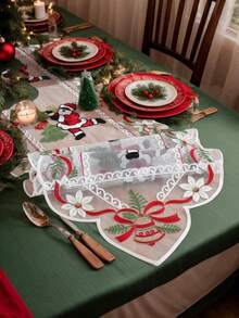 1 buc. Șervețel de masă de Crăciun cu panglici florale, clopoței de Crăciun, brazi de Crăciun și design cu Moș Crăciun - țesătură din plasă de poliester, decor de sărbători roșu și alb - potrivit pentru bucătării, sufragerii, petreceri, Crăciun, utilizare în interior/exterior - disponibile în mai multe dimensiuni - decor de masă de Crăciun