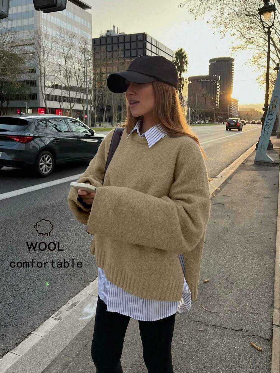 Senya Women's Autumn And Winter Crew Neck Long Sleeve Lightweight Knitted Wool Sweater, Side Slit Straight Sleeve Design Sweater Top, Daily Commuter Versatile Knitted Pullover,New Year - Khaki - View 1