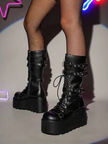 女式圆头朋克金属孔眼系带厚底靴，侧拉链过膝靴，时尚派对装，及膝靴，系带靴，秋季，秋冬 - 黑色 - 查看 4
