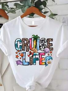 T - Shirt With Colorful Cruise Life Design,220g Cotton Women's Casual Printed T-Shirt, Crew Neck Pullover Short-Sleeve