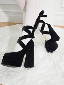 Lace Up Mary Jane Heels For Women Platform Chunky Heeled Shoes Goth Round Toe Y2K High Heels - Black - View 6
