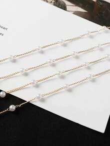 1pc Fashionable Copper Alloy Faux Pearl Double Layer Waist Chain, Minimalist Sexy Body Chain Jewelry For Women, Bride & Party - White - View 4