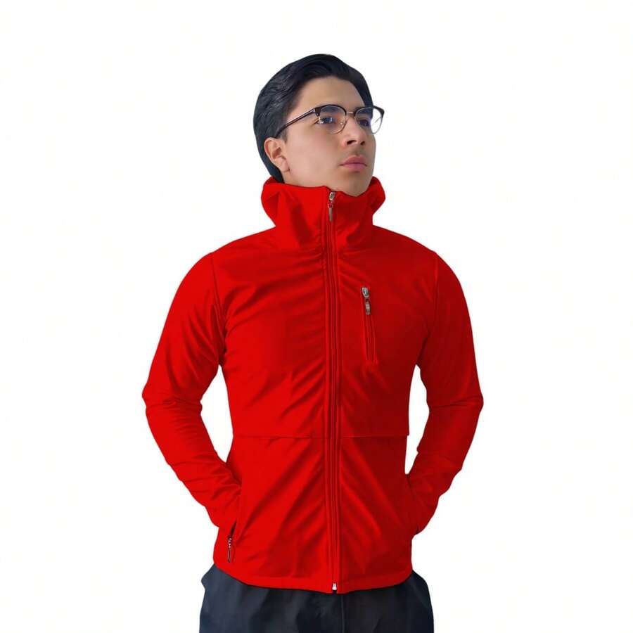 Chamarra Antifluidos Caballero dos bolsillos al frente bolsa en pecho gorro temporada invierno cierre frontal largo - Rojo y negro - Ver 1