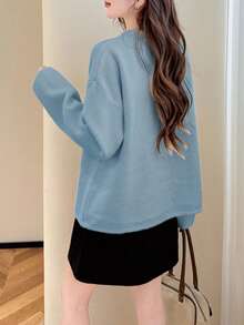 Alicedudu 女士秋冬柔软韩版系带蝴蝶结厚款宽松开衫毛衣 - 淺藍色 - 查看 2