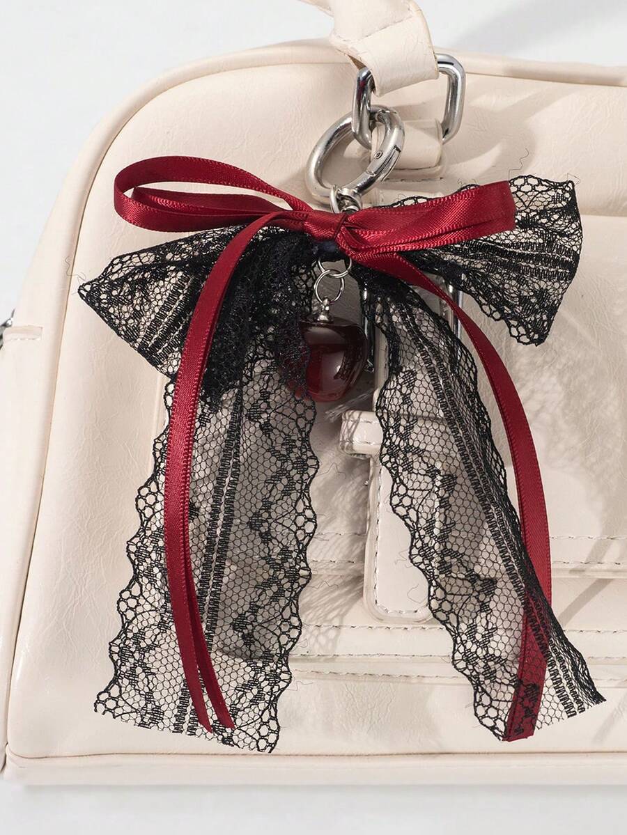 Lace Bow Keychain Hollow Red Ribbon Cherry Y2k Fashion Design Charm Delicate Backpack Key Chain Valentine's Day Gift Accessories Fall Burgundy - Black - View 1