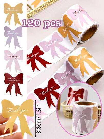 120 Stück/Rolle Schleifen-Dankeschön-Geschenkverpackungs-Aufkleber, 4 sortierte Farben geformte Schleifen, Dekoration für Geburtstag, Feiertage, Hochzeit, Muttertag, Partybevorzugungen, DIY Basteln, Geschenkverpackung, selbstklebende PVC-Aufkleber
