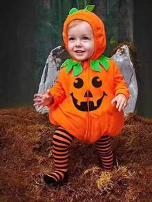 男童万圣节南瓜脸印花长袖连帽紧身衣 + 条纹连脚裤套装，春秋季