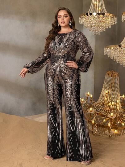 Faeriesty Curve Plus Metallic Sequin Feather-Patterned Long-Sleeved Flared Cuff Wide-Leg Jumpsuit With Flowing Drape – Luxurious Vintage Formal Design | Perfect For Galas, Weddings, Parties, And Formal Celebrations
