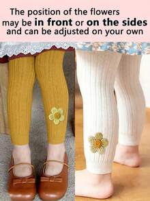 1/3pcs Set Kids Solid Color Casual Knit Cropped Leggings With Floral Decor, Soft & Comfortable, Stretchable Fabric, Can Be Worn Outerwear