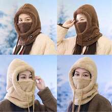 Women's Hooded Ski Face Mask, Wool Blend Hooded Ski Mask For Winter, Windproof Drawstring Balaclava Autumn Decor