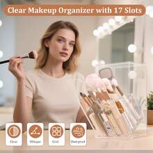 Porte-pinceaux de maquillage en acrylique avec couvercle rabattable incliné – Rangement et organisateur transparents et anti-poussière pour pinceaux de maquillage – Grande capacité (17 emplacements) pour pinceaux de maquillage (transparent) - Transparent - Voir 2
