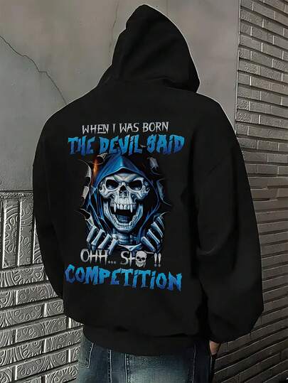 K-GLORY Men's Casual Street Punk Art Skull Print Hoodie Sweatshirt