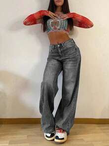 Quần jeans nữ ống đứng dáng rộng, xếp ly, kiểu vintage, thích hợp cho mùa xuân. - Xám - Xem 5