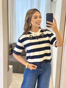 Camiseta listrata Algodão importado femininas modas DXY8335  Listrado  Bloco de cores    Férias  Casa