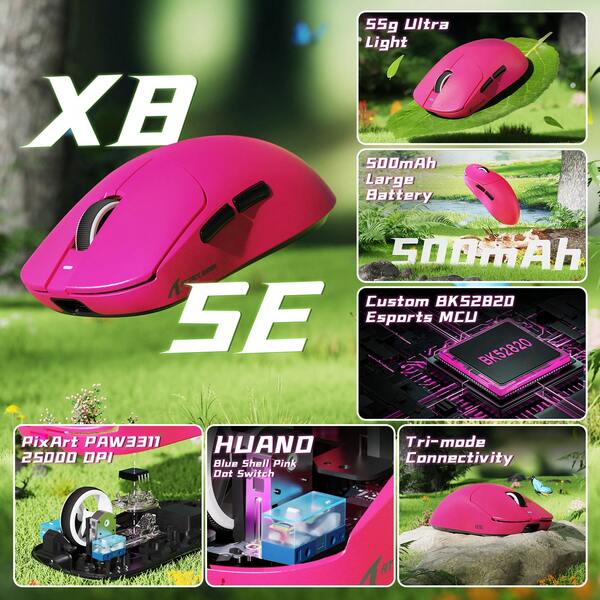 ATTACK SHARK TTACK SHARK X8SE Kabellose Gaming-Maus, einstellbar 25K DPI PAW3311 optischer Sensor, ergonomisch 59g leicht, 3 Modi 2.4G/BT/USB-C Kabel, 500mAh Akku, 5 programmierbare Tasten für PC