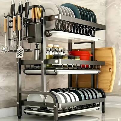 1pc Large 3-Tier Kitchen Rack With Quick Drainage, Knife & Fork Holder, Cutting Board Rack, Multi-Function Tabletop Utensil Organizer For Bowls & Dishes, Stylish Metal Rack, Durable Kitchen Supplies, Kitchen Storage Rack