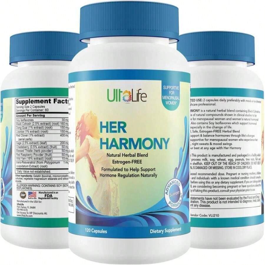 UltaLife Her Harmony Menopause Supplements For Women - Hot Flashes Menopause Relief &Amp; Hormone Balance For Women - Contains Black Cohosh, Dong Quai, Red Clover &Amp; More - Estrogen Free - 120 Capsules - Flavor NameB - 查看 1
