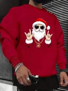 Men's Christmas Santa Claus Pattern Crew Neck Sweatshirt, Autumn/Winter, Long Sleeve Top
