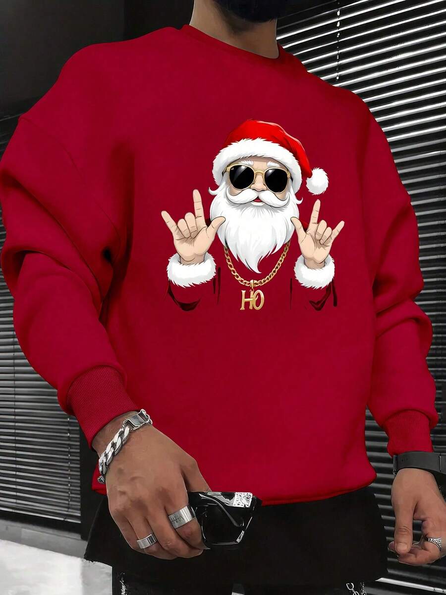 Men's Christmas Santa Claus Pattern Crew Neck Sweatshirt, Autumn/Winter, Long Sleeve Top