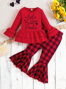 Red Plaid Flared Pants Girls Outfits, Fashionable Girls Tracksuit Sets, Round Neck Long-Sleeved Plaid Flared Pants Two Pieces Set Girls Coord Set