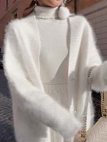 Autumn/Winter Mink Velvet V-Neck Knitted Cardigan Sweater For Women, Loose Oversized Casual Top - White - View 3
