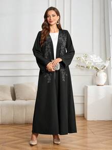 Women's Elegant Solid Black Long Sleeve Cardigan Abaya With Rhinestone Pattern, Versatile For Daily Wear - Black - View 4
