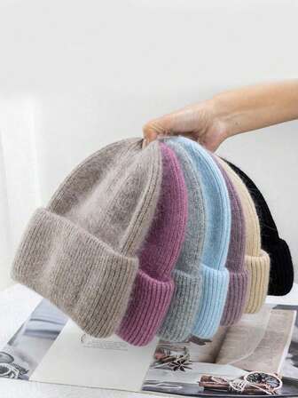 1pc Women's Solid Color Warm Cuffed Knit Beanie Hat, Casual Knitted Fabric Rabbit Hair Winter Hat