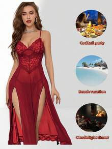 Sexy Mesh Panel Open Slit Nightgown, Valentine's Day Gift For Women,Couples Matching Pajamas,Women's Underwear, Lace Doll Dress, Nightgown, Sexy Mesh Pajamas, V-Neck Pajamas, Side-Split Pajamas - 酒紅色 - 查看 3