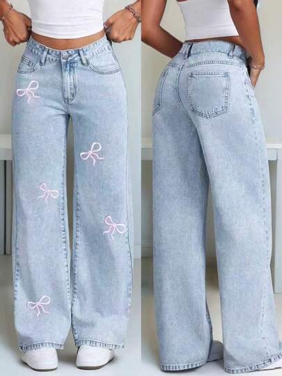 Teen Girls Pockets Straight Loose Casual Embroidered Versatile Jeans