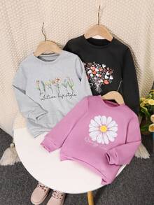 3 件套女童花卉印花圆领长袖 T 恤，儿童休闲上衣，多色，春秋 - 淺灰紫 - 查看 13