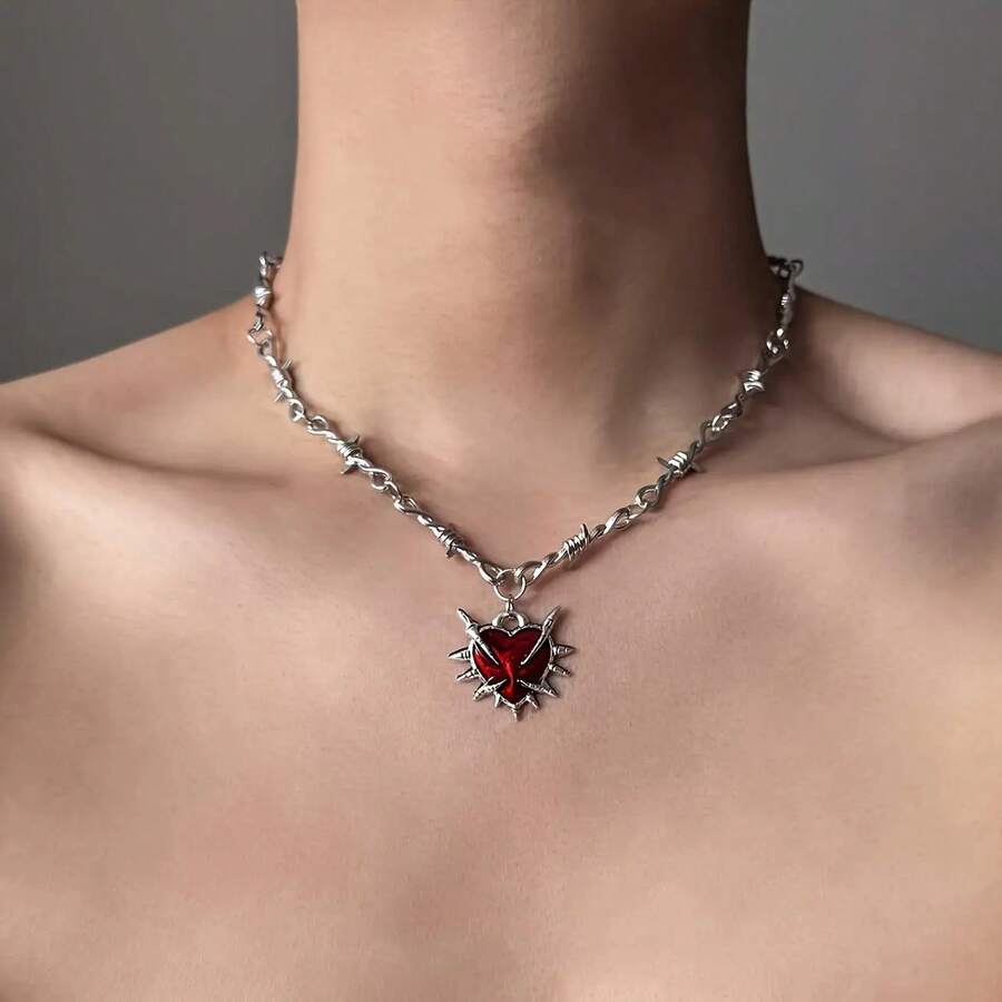 316L Surgical Stainless Steel Gothic Necklace - Heavy Duty Anti-Fade Dark Red Chain, Suitable For Men And Women, Hypoallergenic Design, Victorian Style Inspiration, Halloween Party Accessory, Gothic Style Jewelry, Essential For Themed Parties - 銀色 - 查看 1
