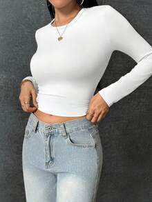 Women's High Stretch Solid Slim Fit&Regular Length Round Neck Long Sleeve T-Shirt&Tee,Minimalist,Suitable For Spring/Autumn&Fall/Winter,For Night Out/Holiday/Daily/Office/Home/Street/Travel/Airport/Brunch,Casual/Simple/Y2K/Elegant/Sexy/Street/Cute/Hot Girl,Fall Women Clothes,Winter Women Clothes,Halloween Clothes Women,Christmas Clothes,Teacher Outfits For Women, Going Out Tops Women,Date Night Outfits Women,Basic Tops,Korean Style