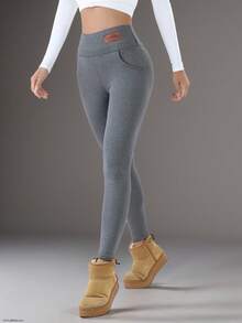 1条舒适保暖抓绒打底裤，休闲弹力口袋高腰全长打底裤，秋冬季