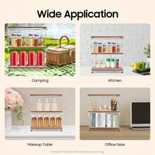 3-Tier Camping Folding Storage Rack Golden Sandalwood Desktop Organizing Rack With Spaced Design Multi-Function Storage Shelf For Indoor Outdoor Household, Portable Natural Wood Camping BBQ Storage Rack