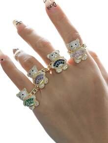 1 Peça Anel Pingente de Urso Cartoon Fofo e Cintilante - Joia Animal Requintada - Para Meninas - Presente Perfeito para Amigos